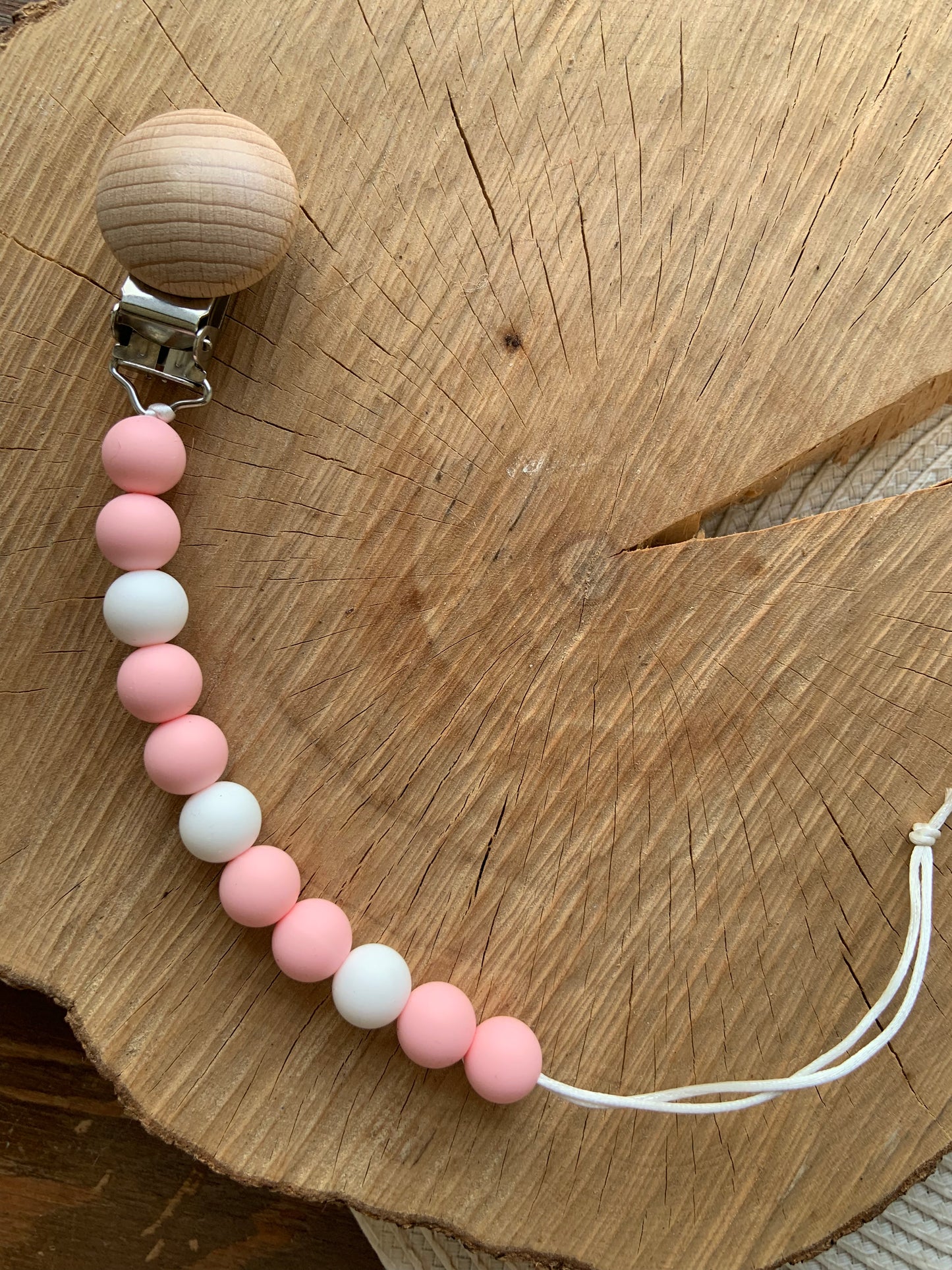 Pink and White Pacifier Clip